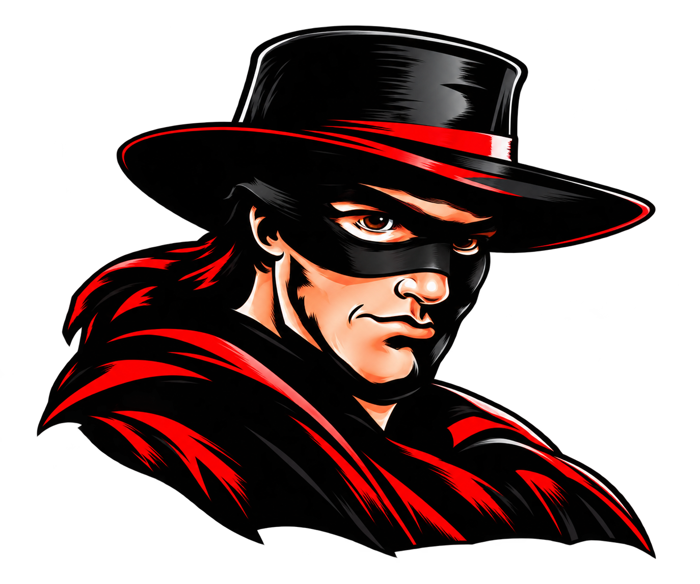 Le personnage masqué de Zorro, avec son chapeau et sa cape rouge et noire